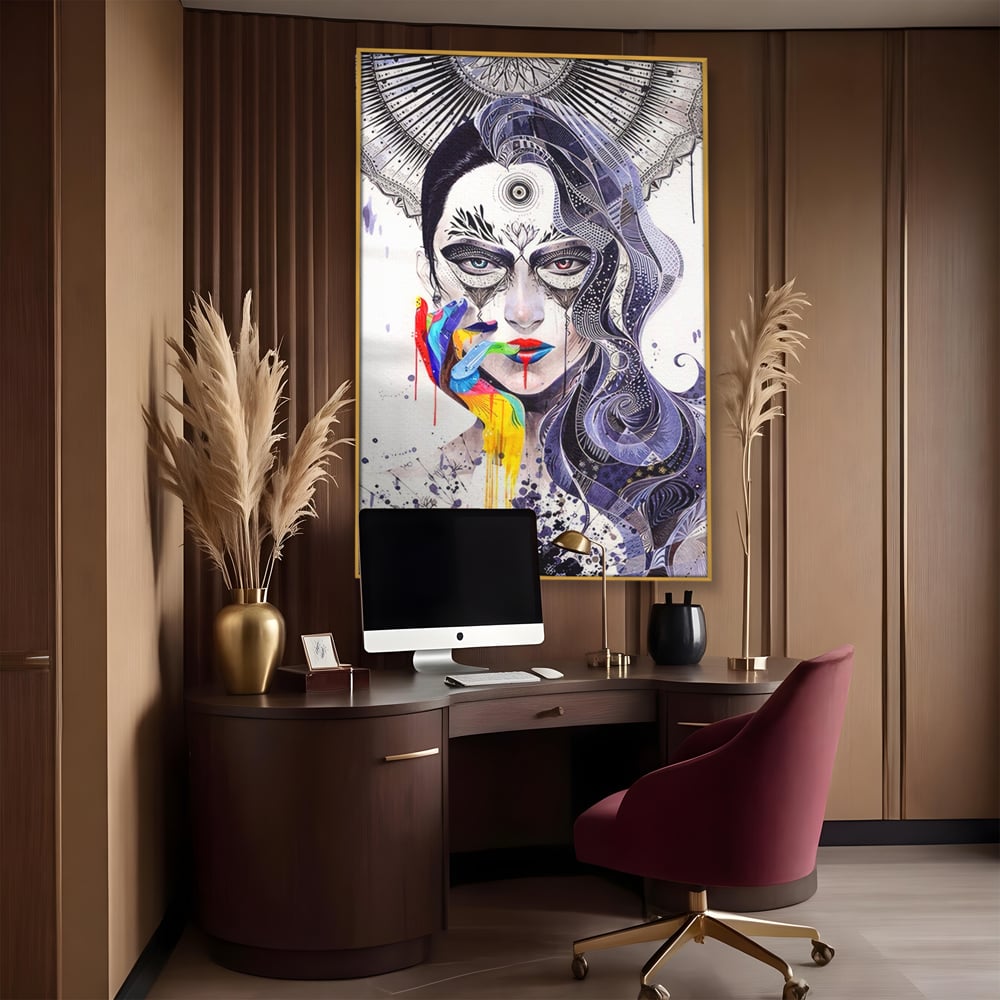 Tablou canvas cu tablou canvas cu portret abstract feminin, in rama de aluminiu auriu, pe perete intr-un birou
